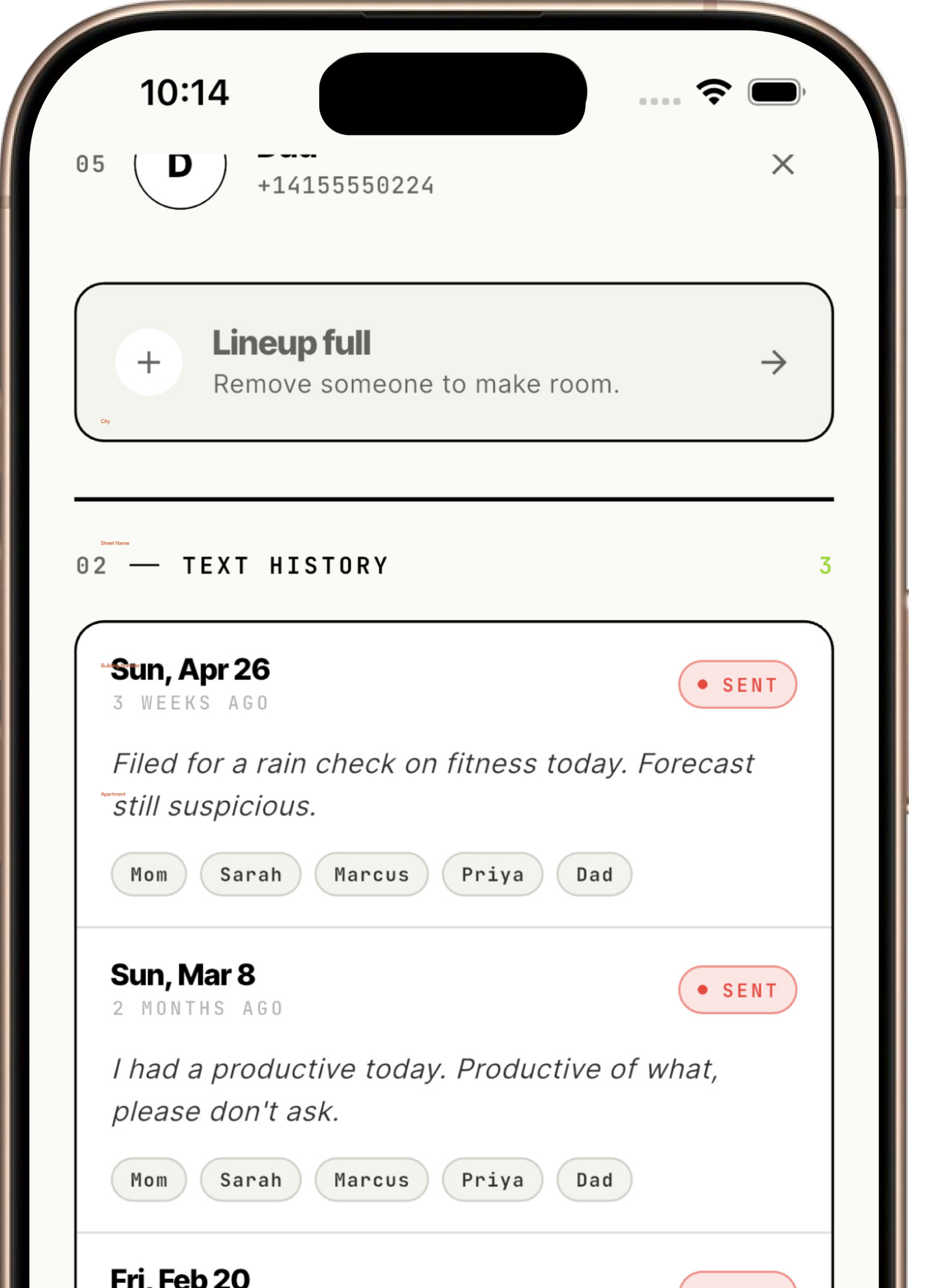 A GymProof text-history screen showing excuses sent to a buddy: 'Filed for a rain check on fitness today. Forecast still suspicious.'